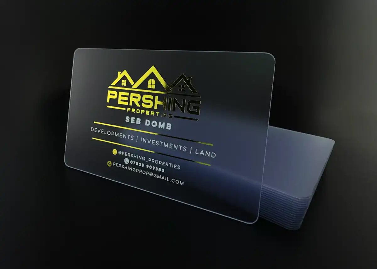 a frosted plastic card printed with metallic gold foil for a intricate logo plus white ink