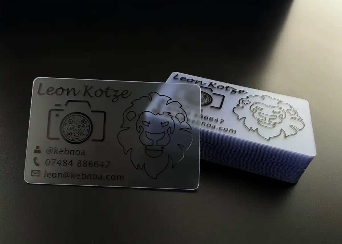 a frosted plastic card printed with black ink