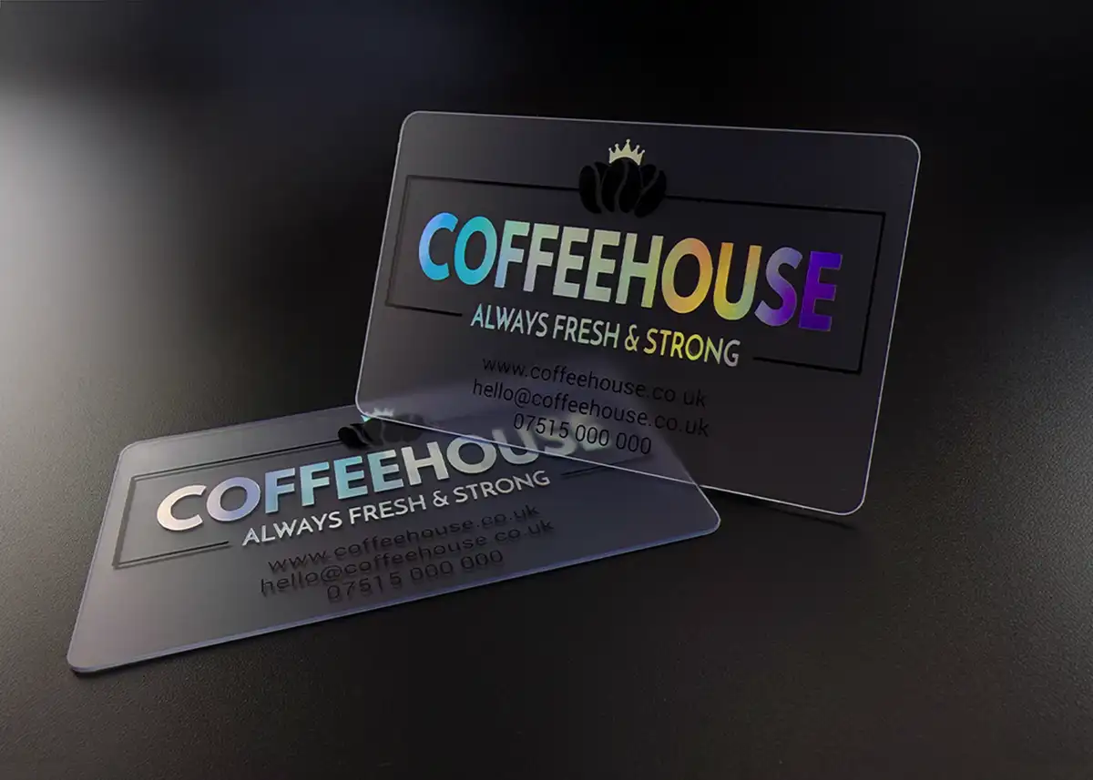 a frosted plastic card printed with holoprint foil plus black ink