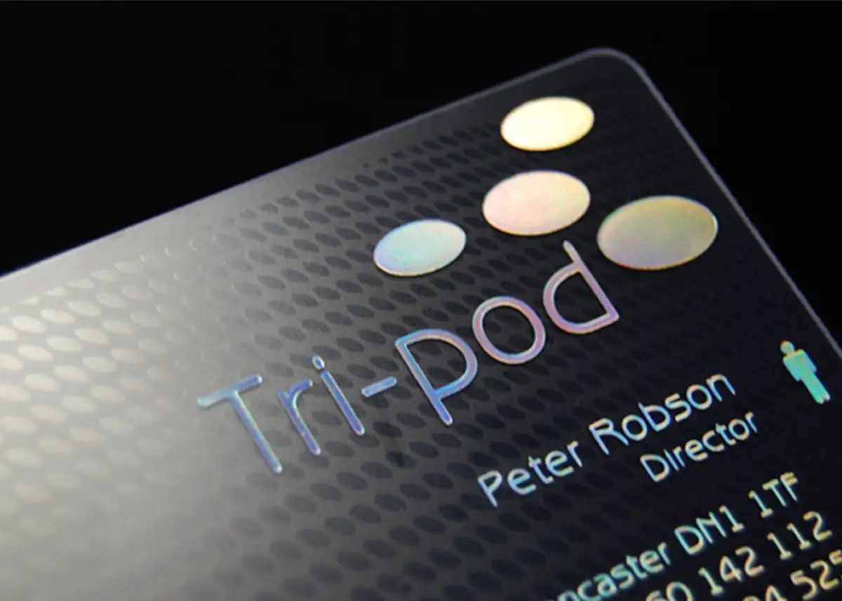 a frosted plastic card printed with clear foil as a background watermark effect plus holoprint foil