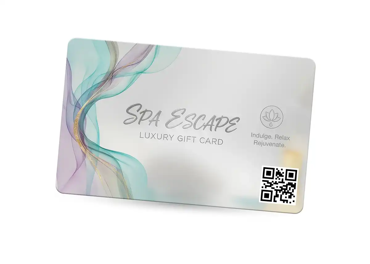 a plastic gift card for Spa Escape with QR code