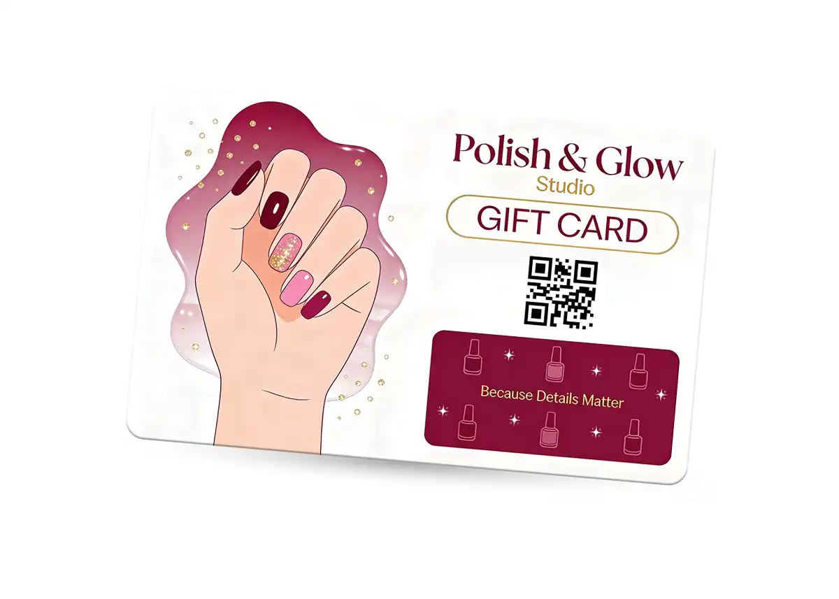 a plastic gift card for Polish & Glow Studio with custom logo
