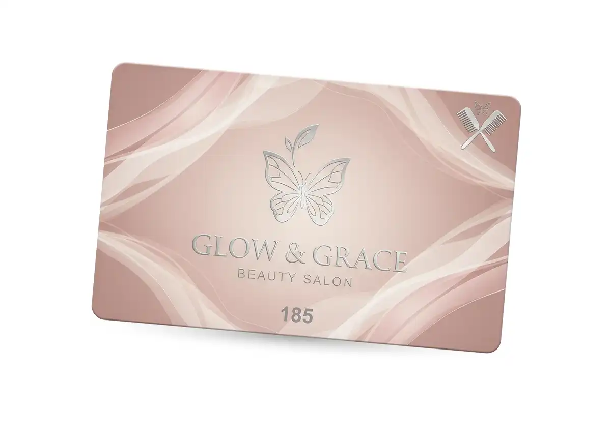 a plastic gift card for Glow & Grace Beauty Salon with numbering