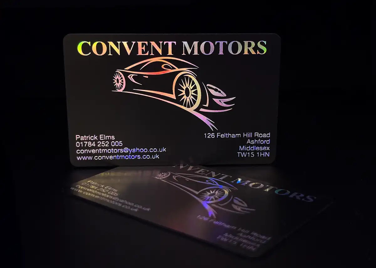 a satin black plastic card printed with holoprint foil