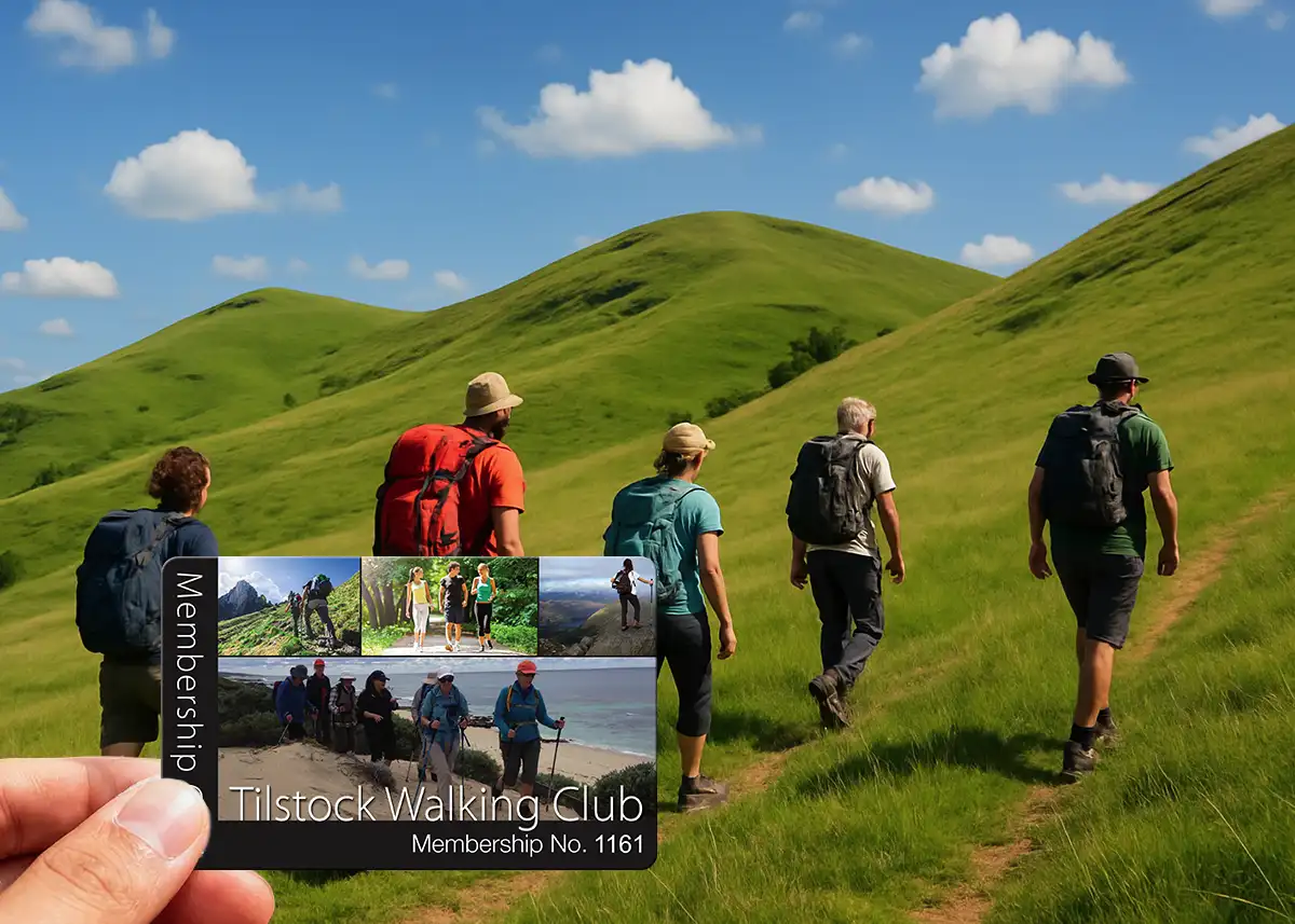 a plastic membership card for Tilstock Walking club with logo and photos plus sequential numbering