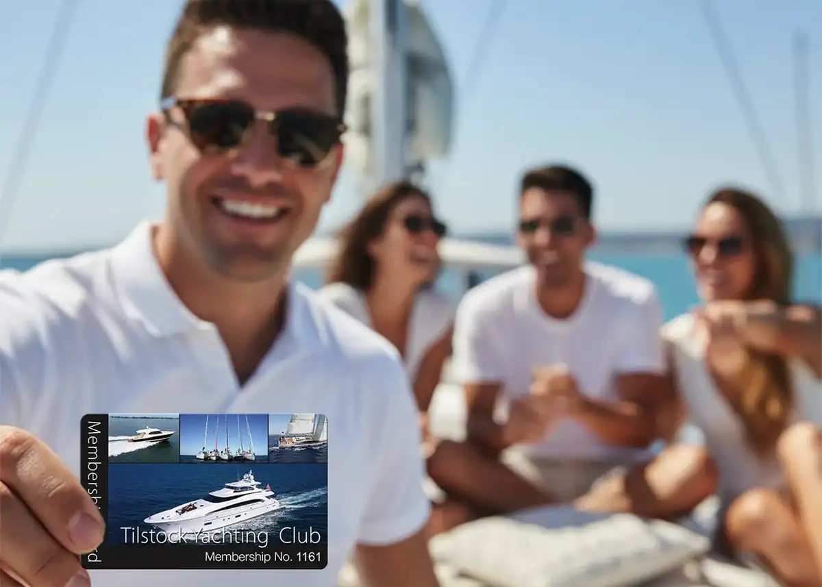 a plastic membership card for Tilstock Yachting Club with a large photo of a yacht